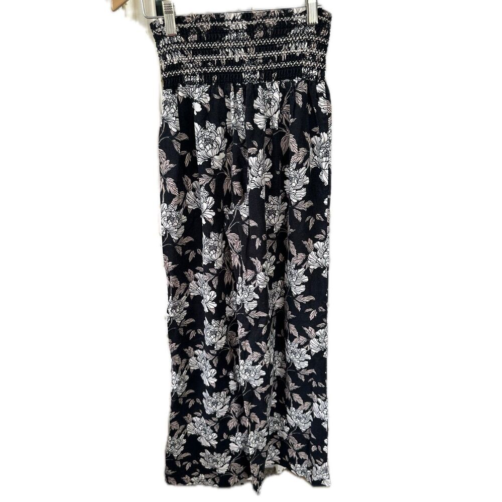 Da Hui Hawaii Linen Blend Hawaiian Floral Smocked Waist Wide Leg Pants S
